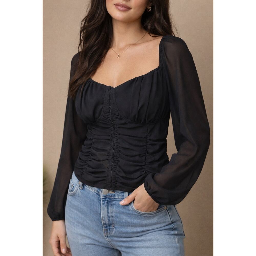 Black Ruched Chiffon Corset Blouse Sheer Long Sleeve Square Neck Top 1XL